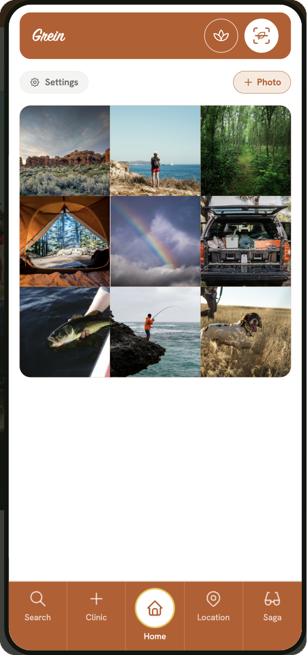 Grein home screen for an adventurer — a photo grid of trails and campsites