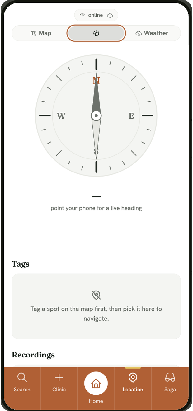 Grein compass screen showing a live heading toward a saved landmark